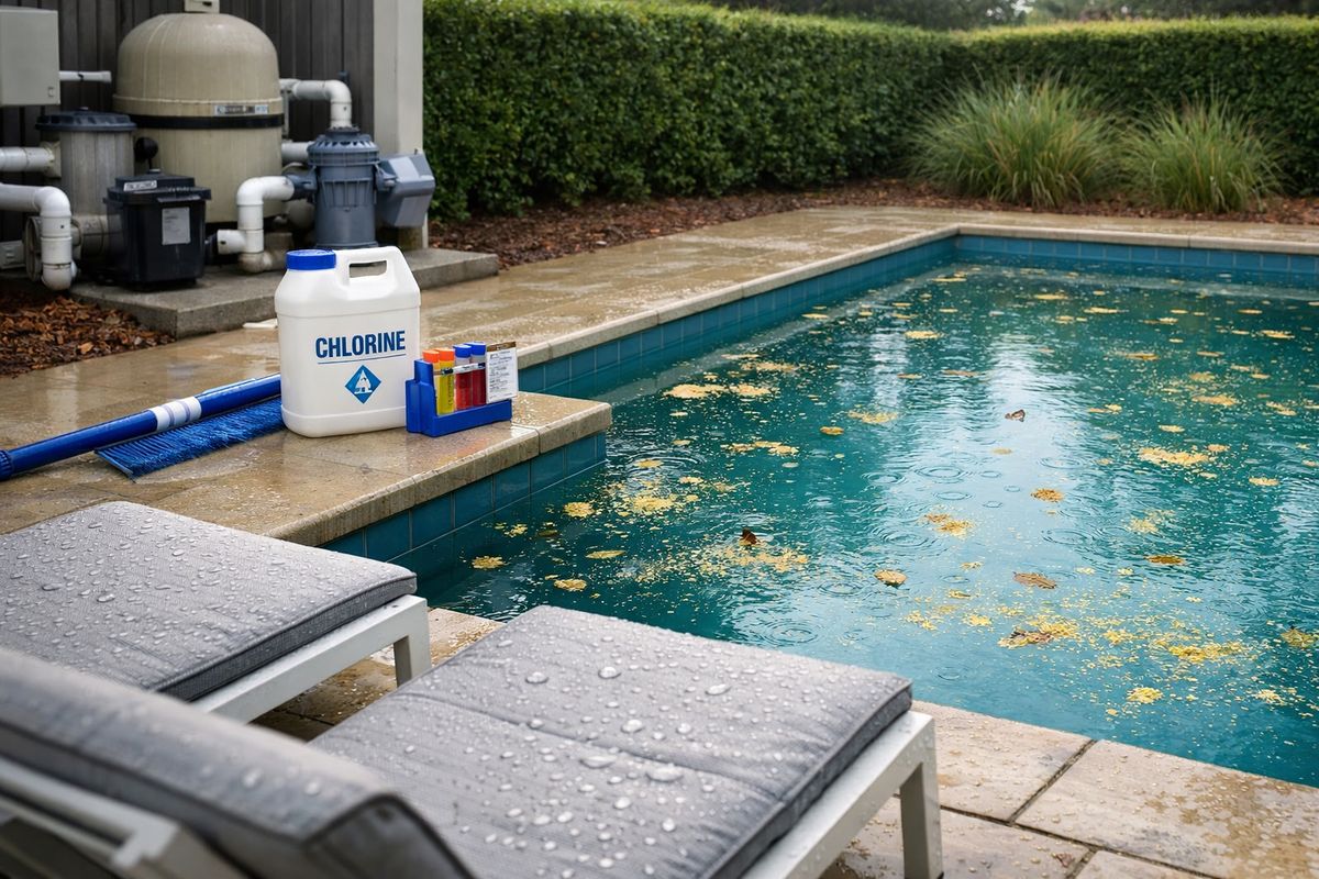 A sunlit backyard pool in Gainesville after a sudden summer rain, with wet deck chairs, scattered leaves and pollen on the water surface, and a pool brush, test kit, and chlorine container set beside the pool equipment area.