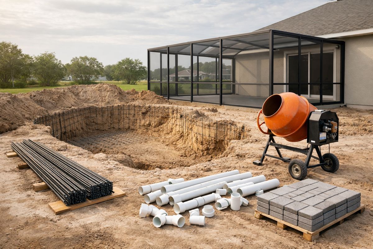 A backyard pool construction site with an excavated hole, stacks of rebar, PVC plumbing pipes, a concrete mixer, pavers, and a partially framed screened enclosure beside a suburban home in humid afternoon light
