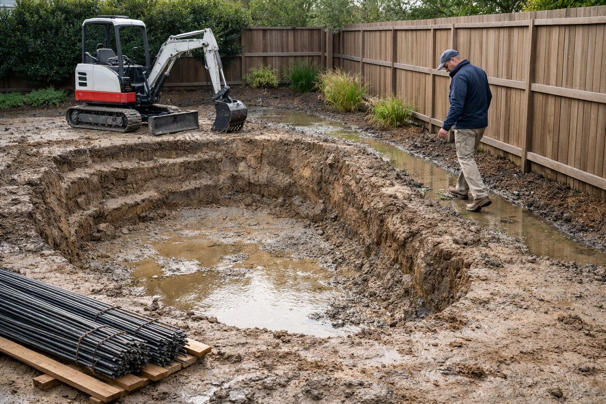 A backyard pool construction site with an excavated hole, stacked rebar, a compact excavator, and a contractor walking the property while checking drainage near a fence line after heavy rain
