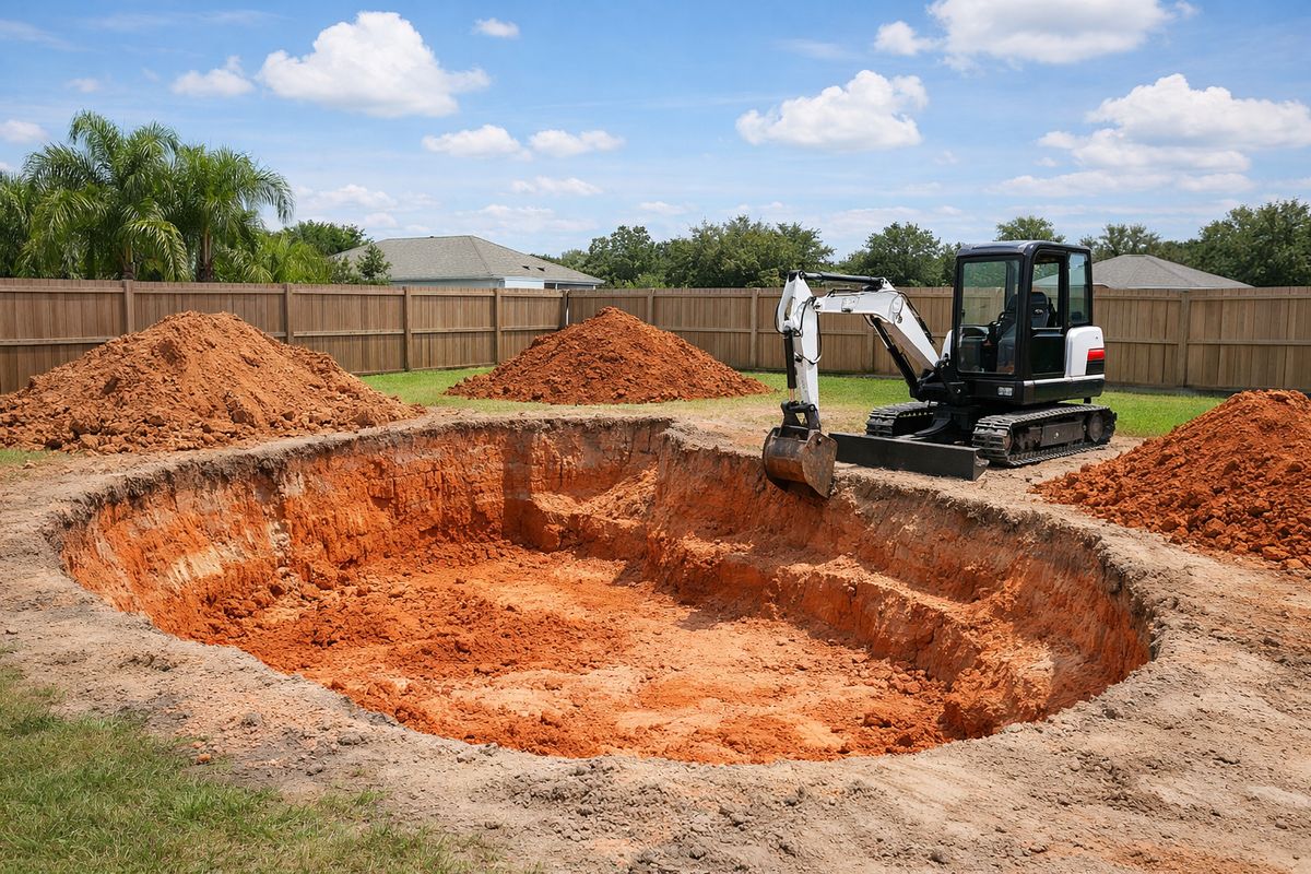 A backyard excavation site with a large open hole shaped like a pool, a compact excavator parked beside the edge, piles of dirt mounded around the yard, and exposed red clay under a bright Florida sky