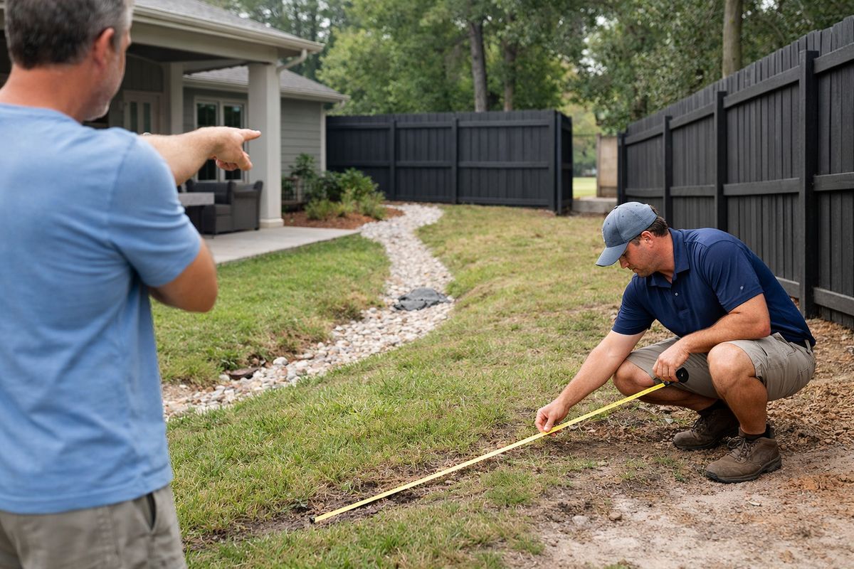 A Gainesville backyard during a pool consultation, with a builder standing near a fenced yard and measuring the sloped ground, drainage path, and access space with a tape measure while the homeowner points toward a patio and a side yard opening where excavation equipment might fit.