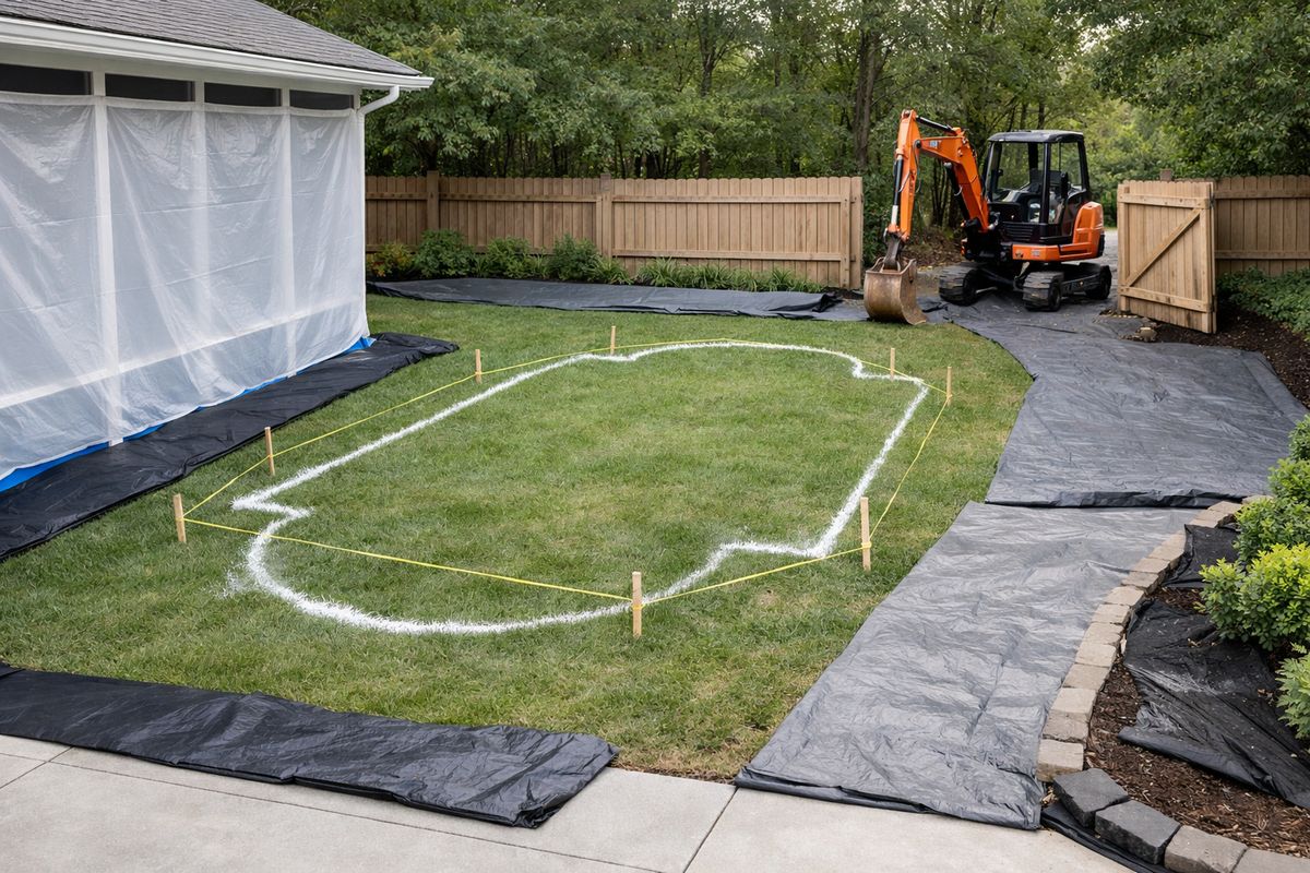A backyard with the pool footprint staked out on the grass using strings and spray marking, an excavator parked near an open gate for access, and protective coverings laid over a screened patio, driveway edge, and nearby planting beds.