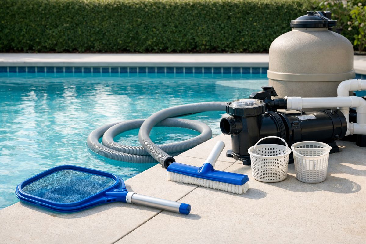 A backyard swimming pool in bright Gainesville sunlight with a skimmer net resting beside the water, a brush leaning against the pool edge, a vacuum hose partially submerged, and the pump and filter equipment visible nearby with baskets open for cleaning.
