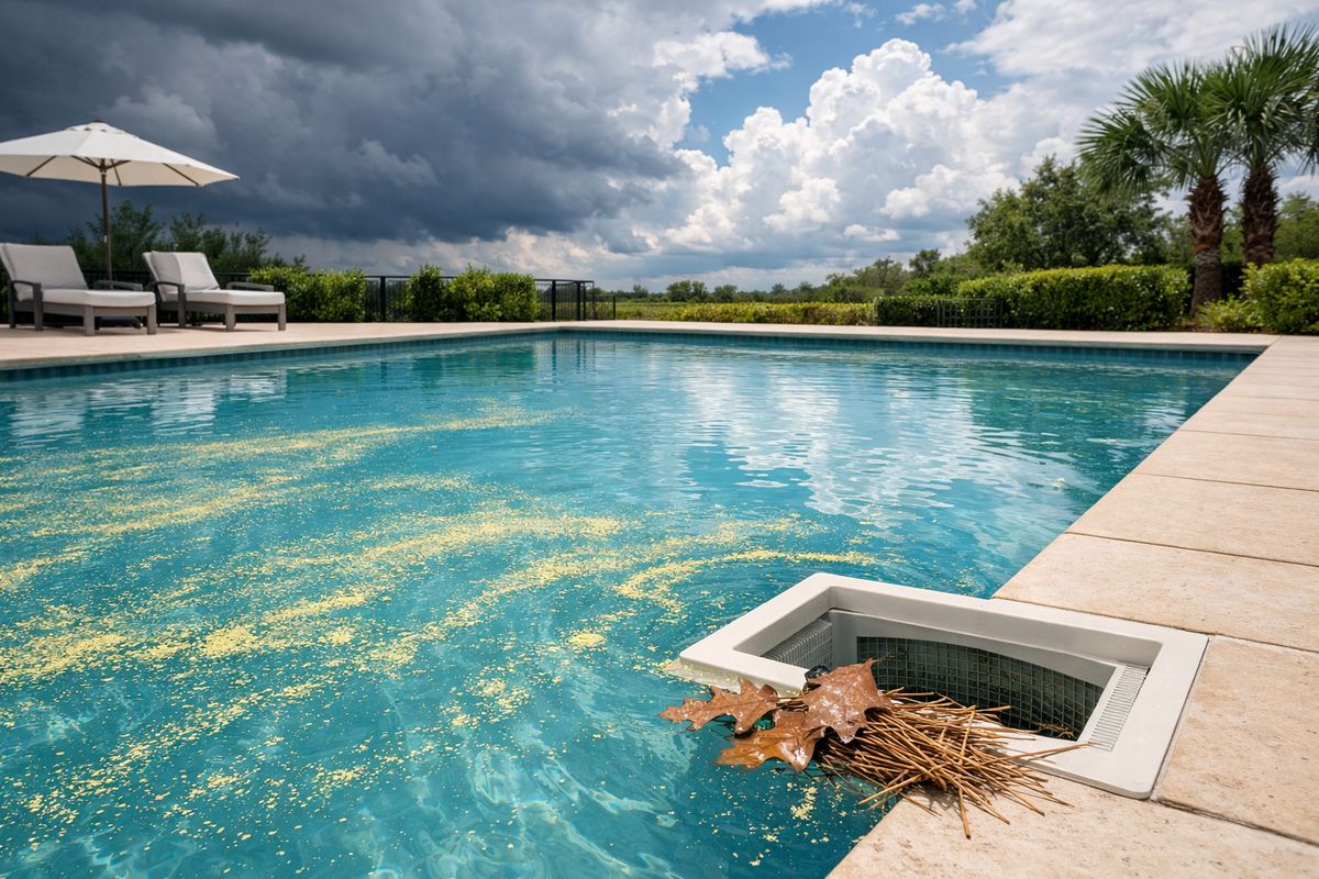 A bright backyard swimming pool in Gainesville under heavy summer heat, with yellow pollen floating on the surface, a few oak leaves and pine straw gathered near the skimmer, and dark storm clouds breaking apart in the background after a recent afternoon shower.