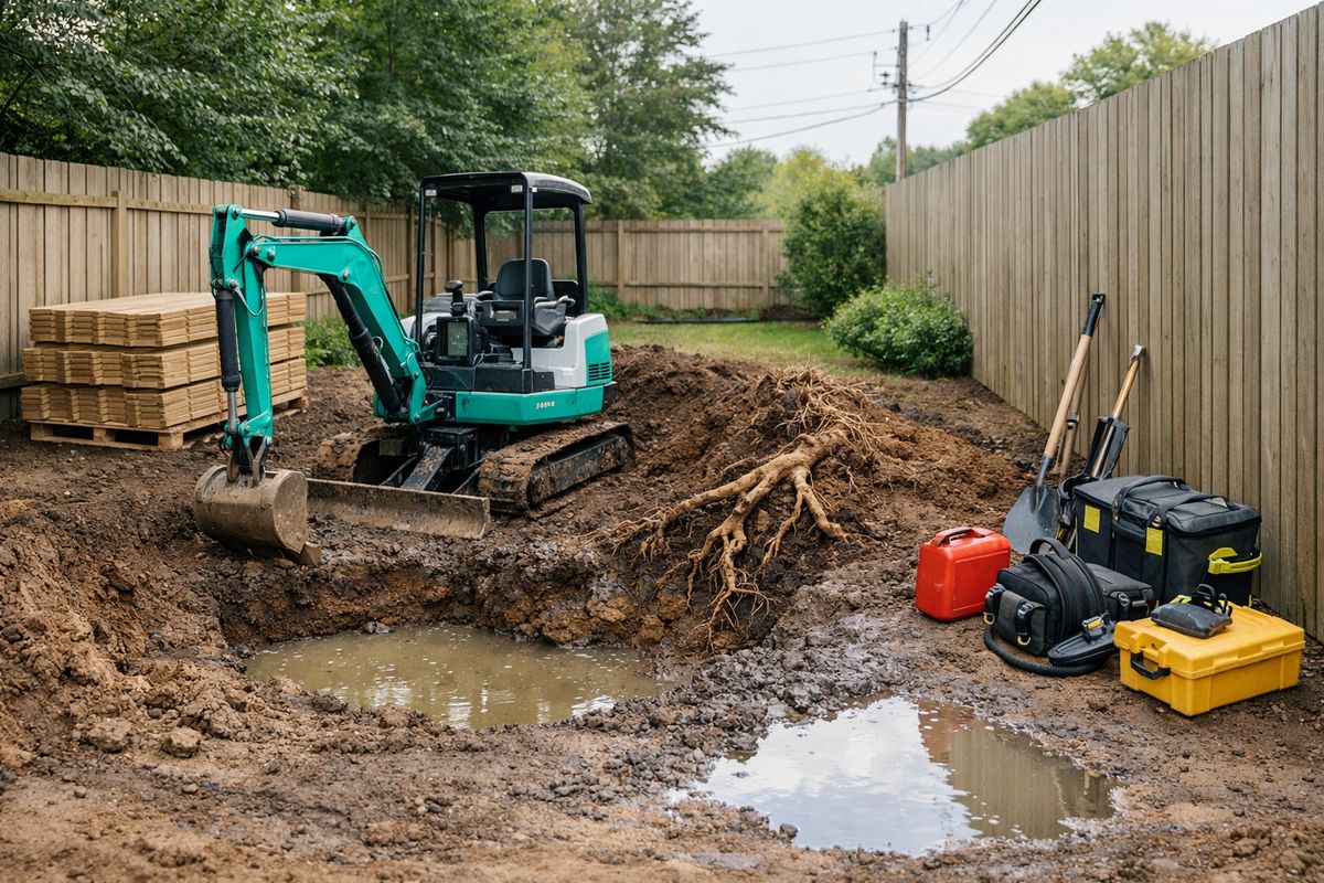 A backyard excavation site with a small excavator, stacked fencing panels, exposed tree roots near the dig area, muddy soil, and workers’ equipment staged beside a narrow side yard with overhead utility lines and a patch of standing water from drainage runoff