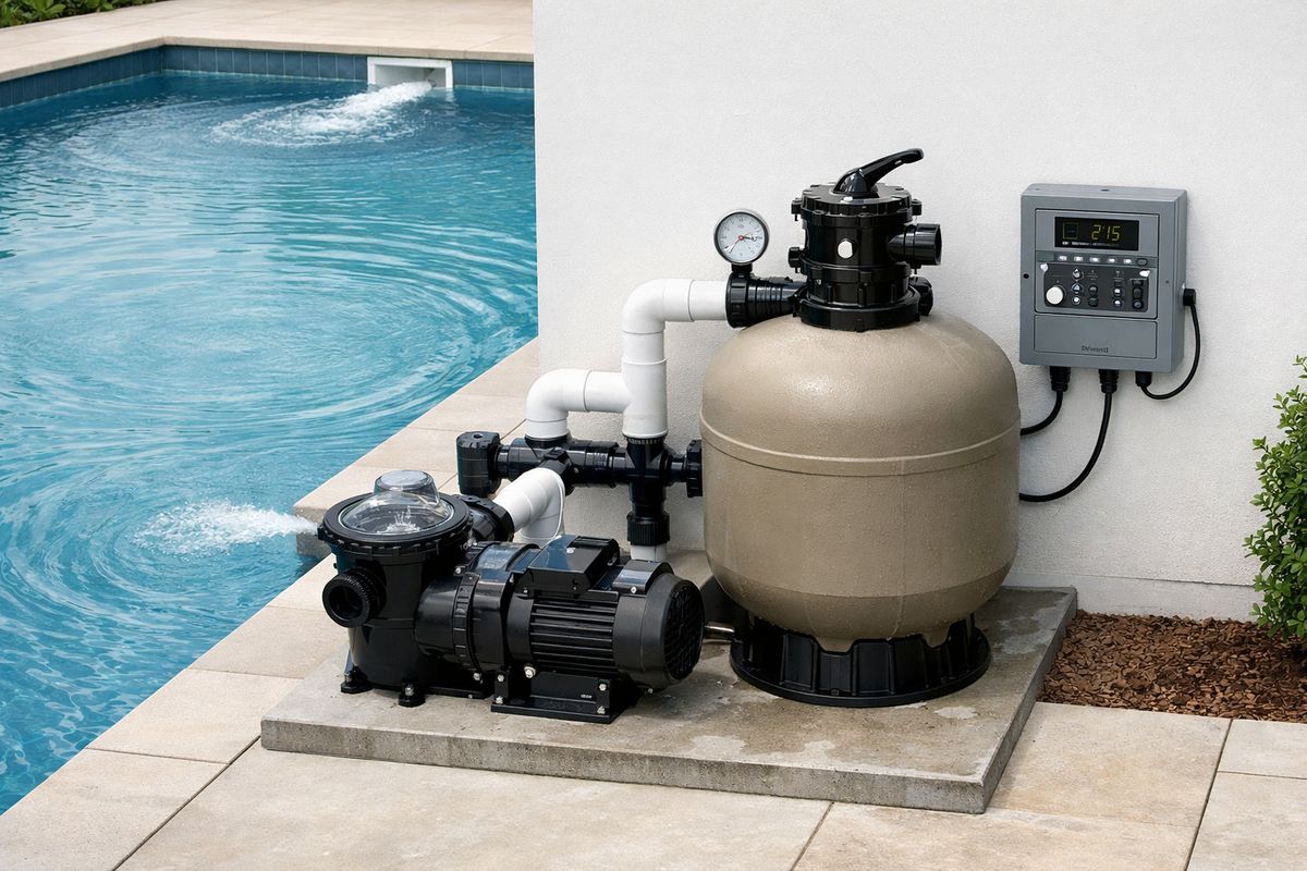 A pool equipment pad with a running pump, filter tank, pressure gauge, timer, and neatly aimed return jets visible in the pool, showing water circulating in a slow circular pattern around the skimmer and corners.