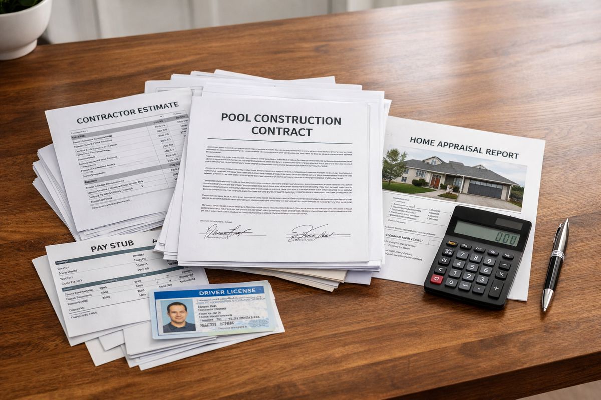 A homeowner's kitchen table covered with a stack of financial paperwork, a signed pool construction contract, a contractor estimate sheet, an identification card, pay stubs, and a home appraisal report next to a calculator and a pen