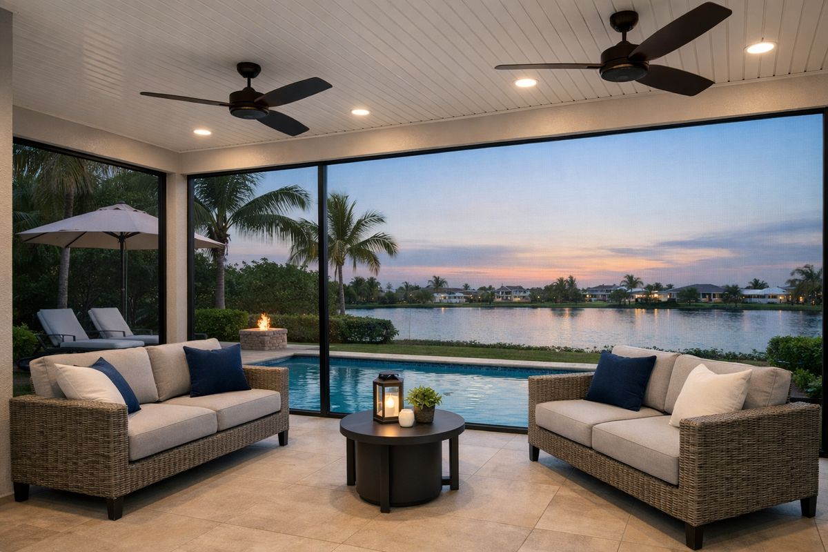 A screened lanai beside a backyard pool with matching outdoor seating, a small side table, ceiling fans overhead, and open views through the mesh screen toward the water and patio beyond, creating a sheltered retreat from mosquitoes at dusk.