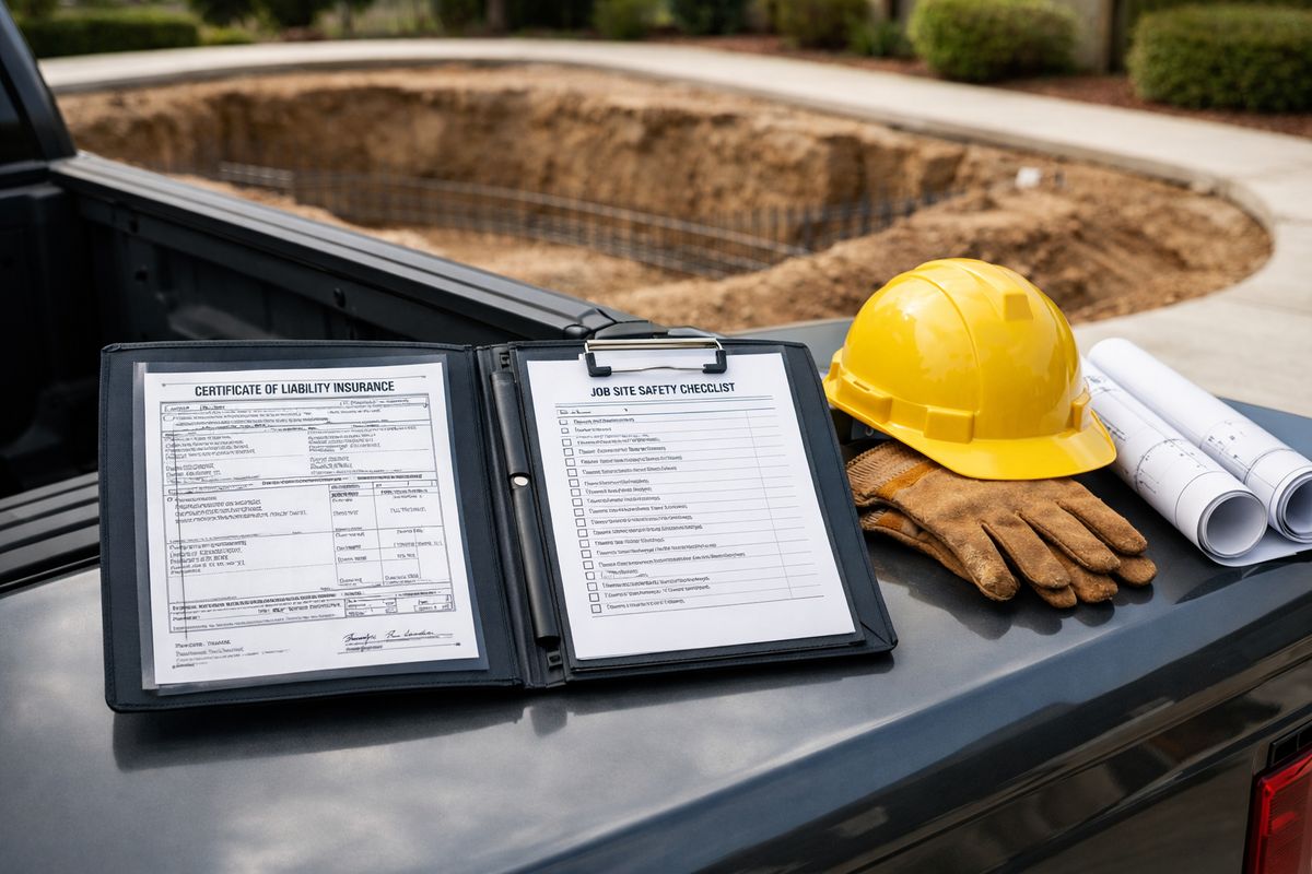 A contractor’s folder spread open on the hood of a pickup truck, showing printed insurance certificates beside a clipboard, a hard hat, gloves, and construction plans at the edge of a pool dig site