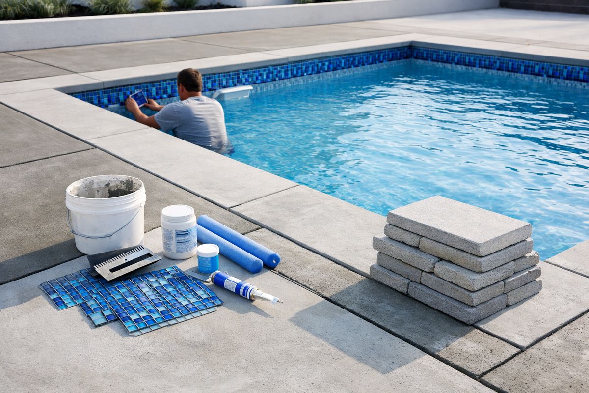 A newly finished pool under construction with waterline tile being installed, stacked coping stones near the edge, freshly poured concrete deck sections curing around the perimeter, and a few pool finishing materials laid out on the patio