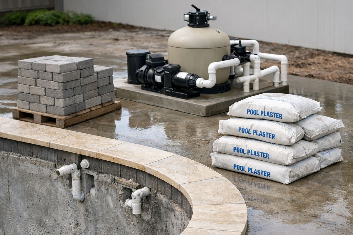 A partially finished pool construction site showing stacked pavers, a travertine coping section, bags of plaster mix, exposed plumbing pipes, a pool pump and filter set on a concrete pad, and wet ground around the deck after rain.