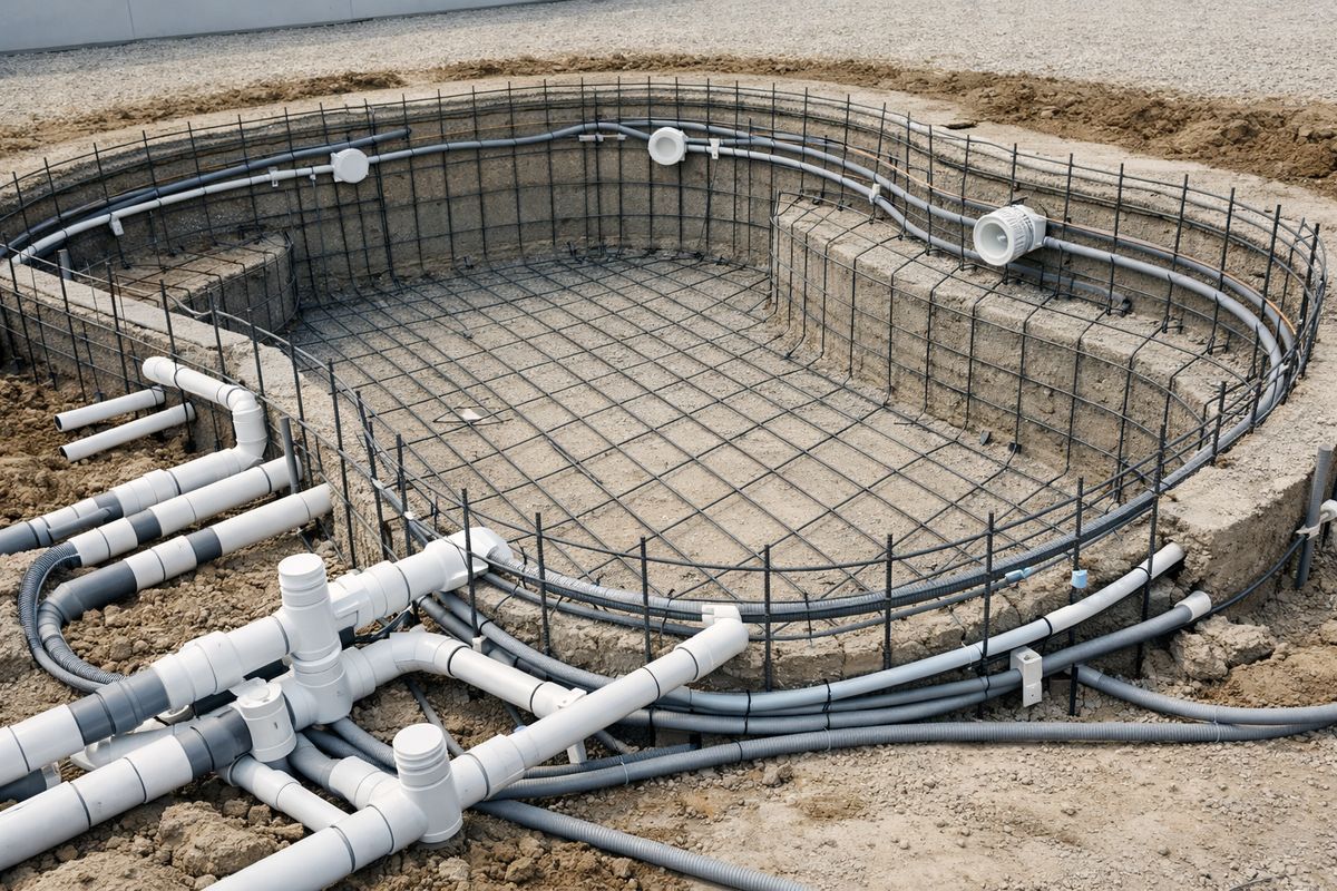 A partially built pool shell with exposed steel rebar framing, PVC plumbing pipes and fittings running through the excavation, and conduit lines laid out for lights and equipment before concrete is applied.