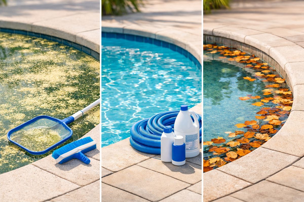 A Florida backyard pool scene split across seasons: spring pollen floating on the water near a net and brush, summer sunlight reflecting off a clear pool with a hose and chemical containers nearby, and fallen autumn leaves collecting along the surface near the pool coping and deck.