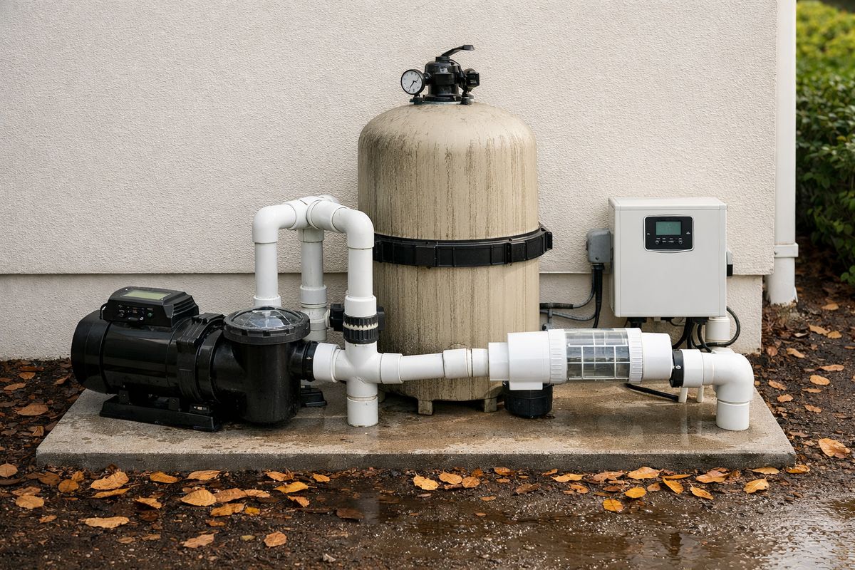 A pool equipment pad beside a Florida home showing a running pump, a dirty filter canister, connected pipes, and a saltwater chlorinator unit, with damp ground nearby and scattered leaves around the equipment from summer debris.