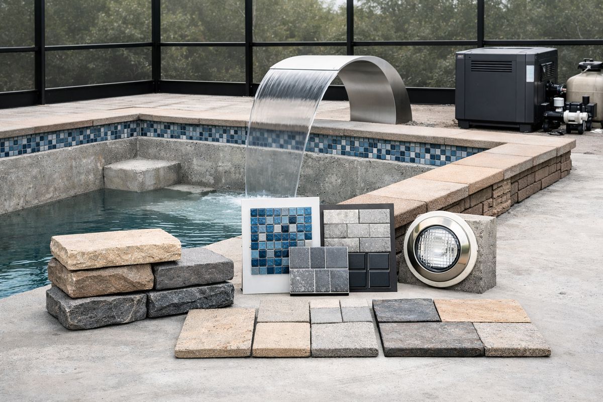 A partially finished pool surrounded by sample materials: stacked stone coping pieces, pavers, tile samples, a mounted pool light, a heater unit beside the equipment pad, a stainless waterfall feature, and a screened pool enclosure structure in the background