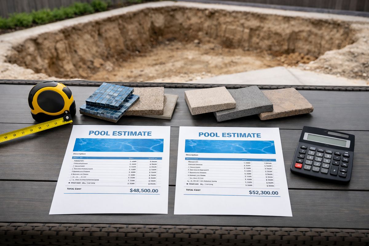 Two printed pool estimates laid side by side on a patio table next to a tape measure, sample tiles, decking pavers, and a calculator, with a partially excavated backyard pool site visible in the background