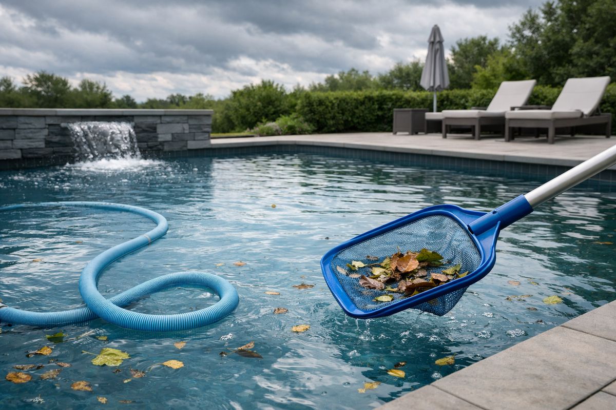 A backyard pool shortly after a storm, with floating leaves and debris being skimmed from the water, a vacuum hose in the pool, and the pump running while the surface clears under cloudy skies.