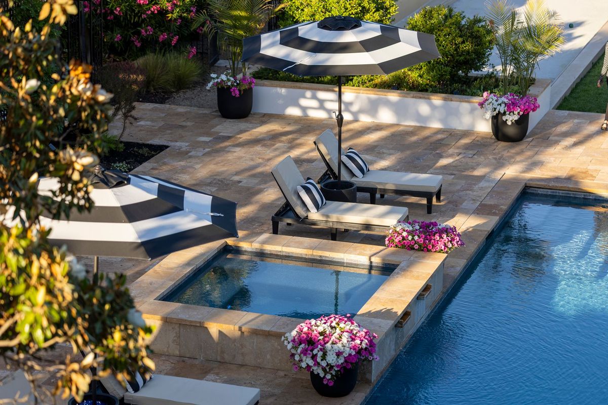 A finished custom concrete pool in a landscaped backyard featuring a curved freeform edge, a raised spa spilling into the pool, a tanning ledge with lounge chairs, and stone coping built around an irregular patio layout